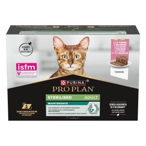 PURINA® PRO PLAN® STERILISED MAINTENANCE, Terrine, con tonno e salmone (12x85 g)