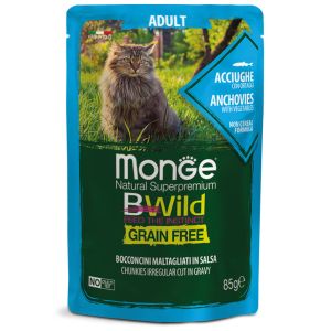 Monge Natural Super Premium Buste Gatto Bwild Grain Free Formula Gatto Adulto Acciughe con ortaggi (fagiolini e carote) 85 g